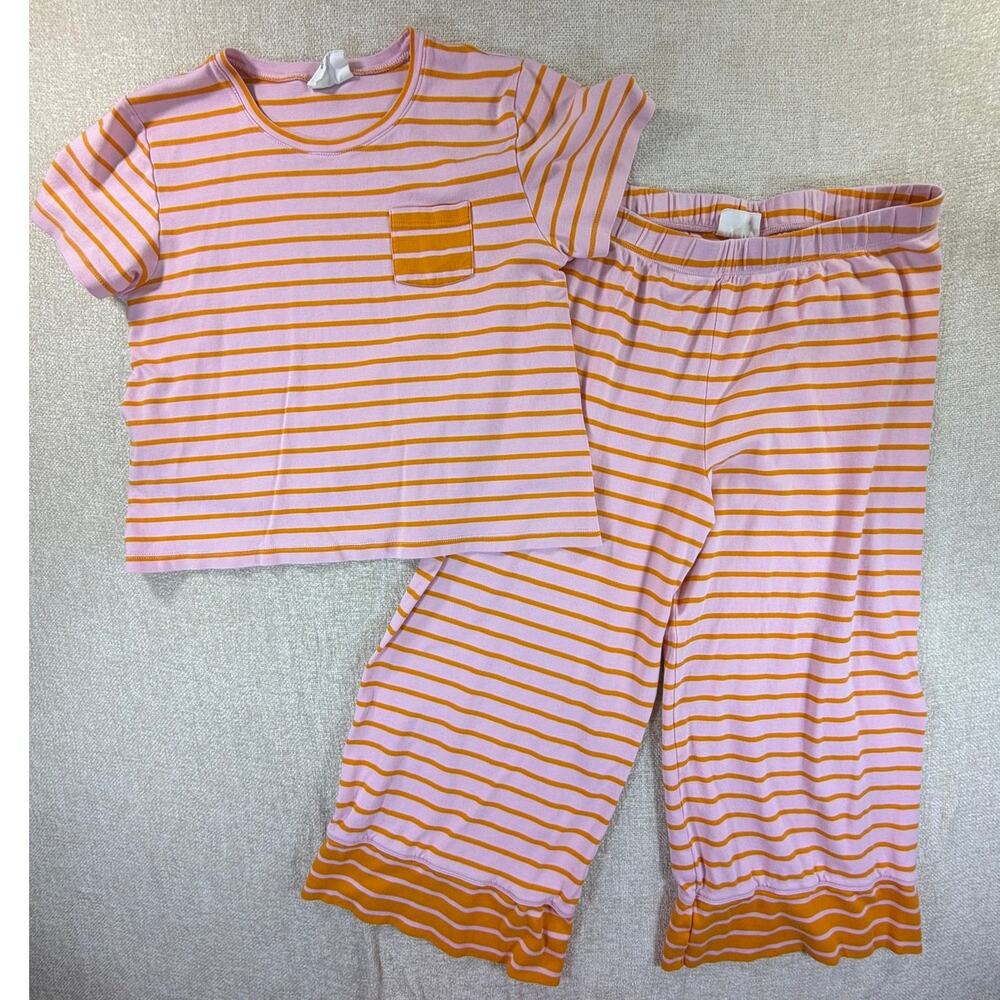 LAKE Women's Medium Pink Orange Striped Knit Short Sleeve Pajama Set Sleepwear